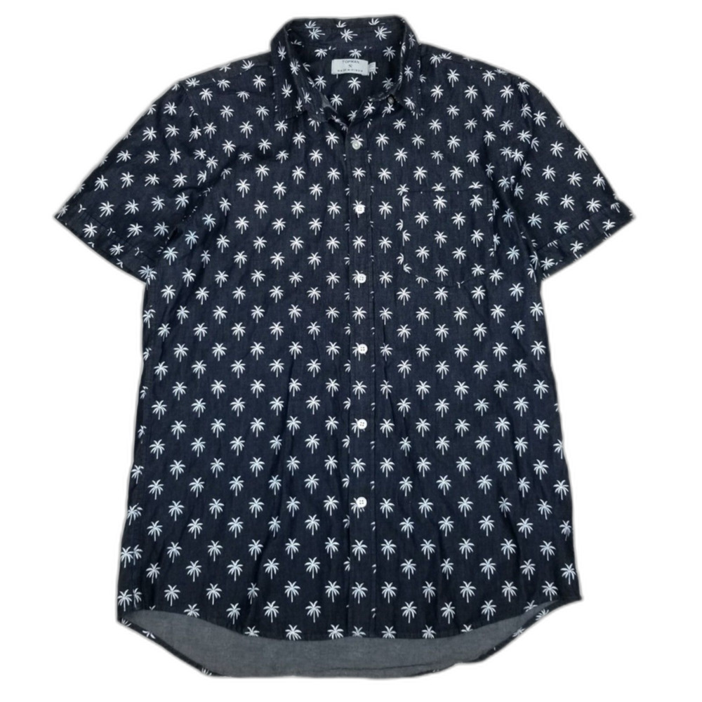 TOPMAN Casual Short Sleeve Button Down Shirt Medium Navy Blue Palm Tree Print
